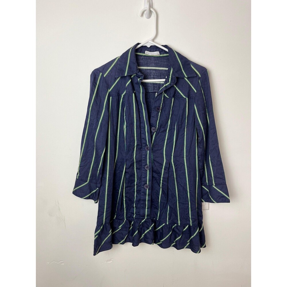 Le Lis Blanc Deux Shirt Womens‎ Medium Navy Green Striped Ruffle Hem 3/4 Sleeve